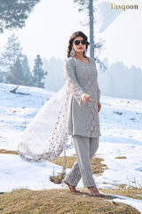Beautiful Gray Georgette Plus Net Pant suit with Duppata