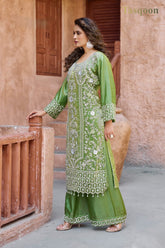 Exclusive Green Fendi Fabric Pant Plazo Suit With Dupatta