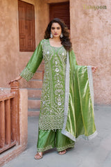 Exclusive Green Fendi Fabric Pant Plazo Suit With Dupatta