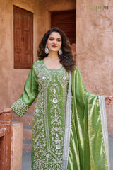Exclusive Green Fendi Fabric Pant Plazo Suit With Dupatta