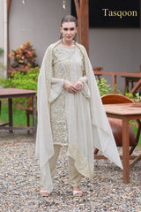 Beautiful Creame fox Georgette Net embroidery work Pent Suit with Dupatta