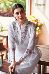 White Viscose Linen Pant suit with Organza Dupatta