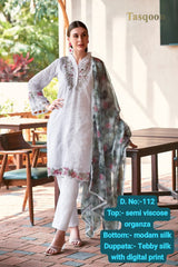 White Viscose Linen Pant suit with Organza Dupatta