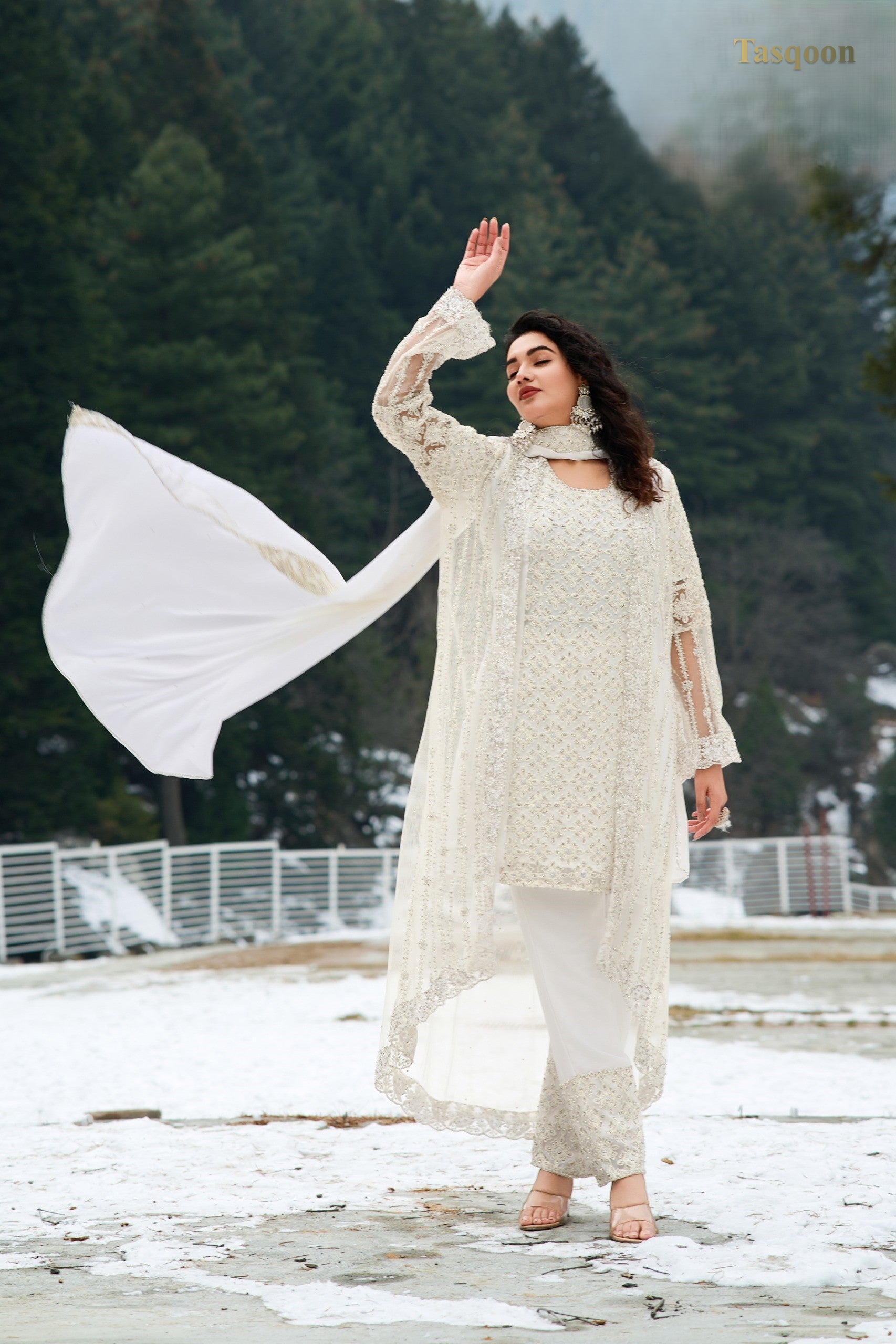 Off White Fendi Fabric Pant suit with Dupatta